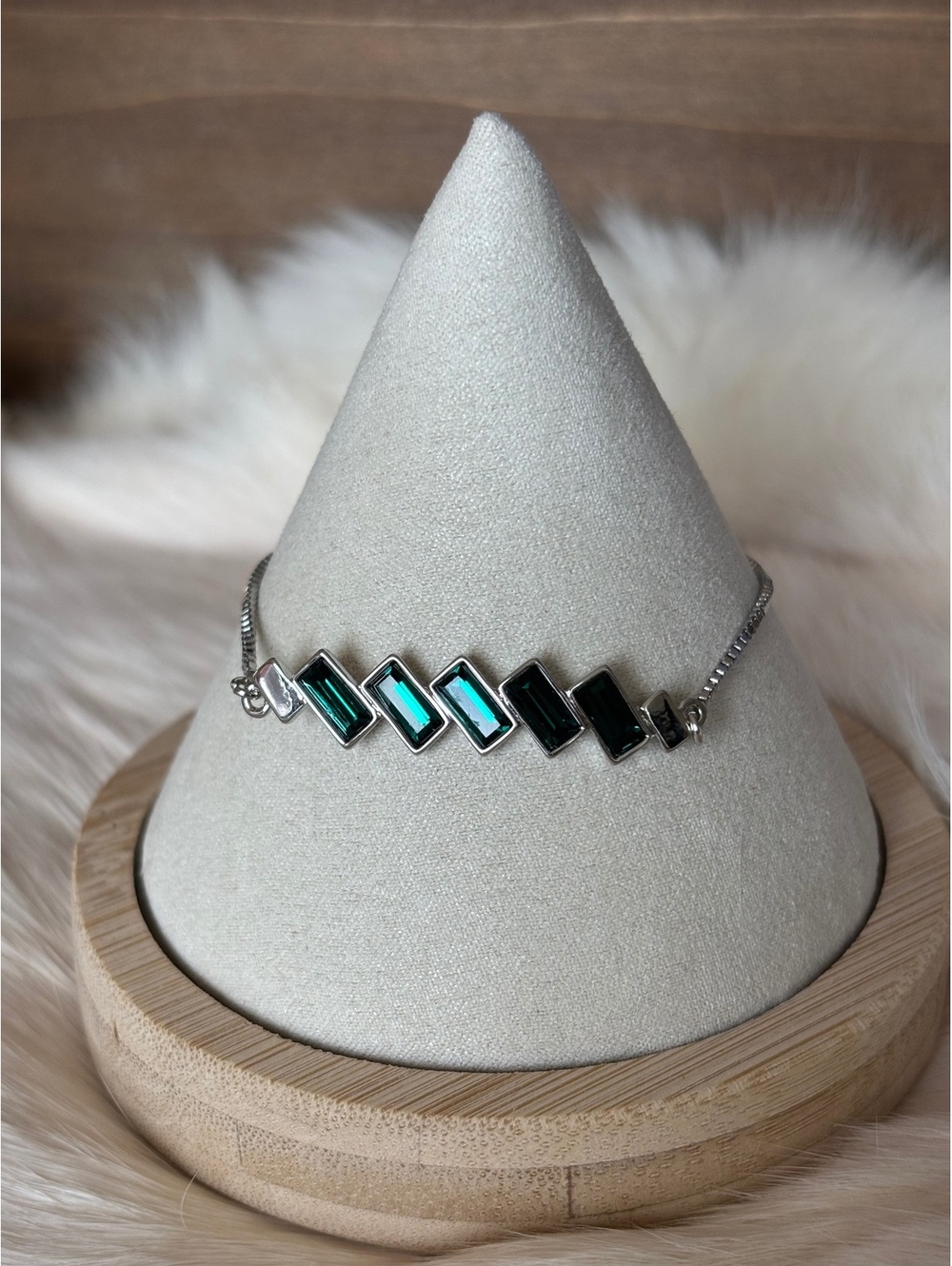 Adjustable Silver Tone Bracelet with Green Rectangular Inlays